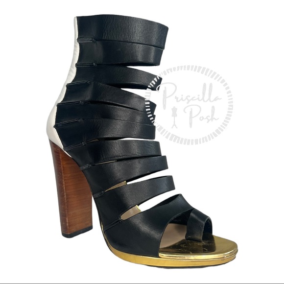 Christian Louboutin Strappy Boot Sandal 38 black White Gold Block Heel - Picture 2 of 14